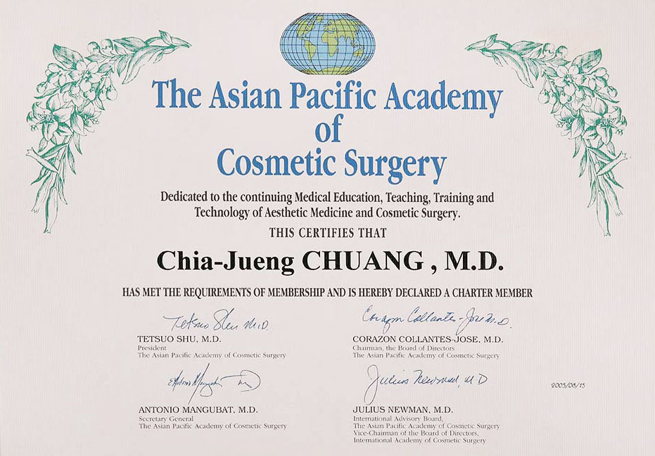 莊家榮醫師 - 亞太美容外科醫學會會員(APACS)會員證書
